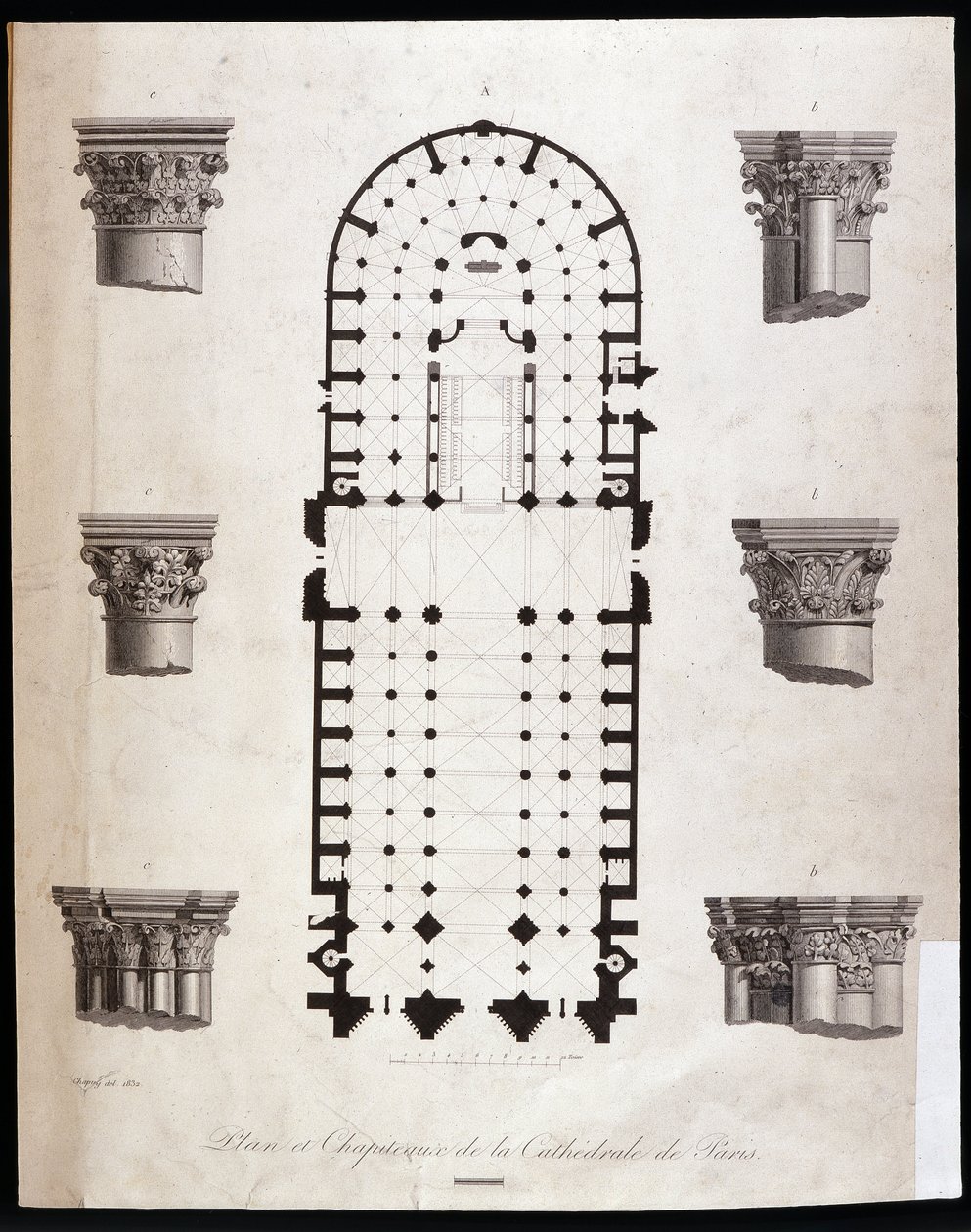 A párizsi Notre Dame (Notre-Dame) katedrális terve és fővárosai. 19. század. alkotó: Unknown artist