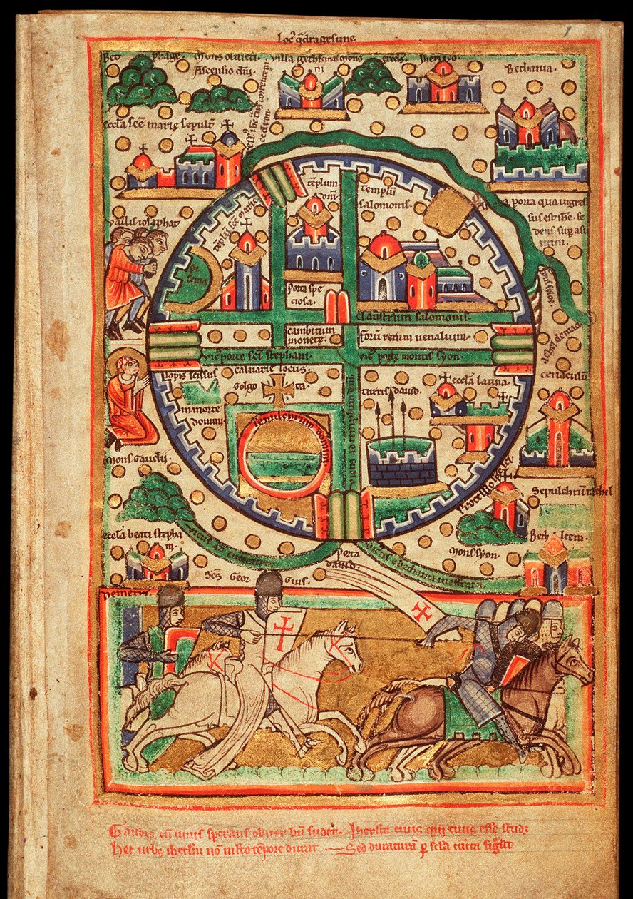 Jeruzsálem terve (Izrael) - Akvarell pergamen, kivonat egy kéziratos zsoltárból, 1200 körül - Jeruzsálem terve, Zsoltártöredék Akvarell pergamen, kb 1200 - Koninklijke Bibliotheek, Hága alkotó: Unknown artist