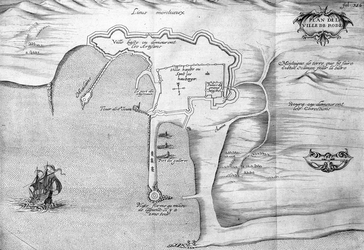 Rodoszi terv (Rodos) - a „Király parancsa által 1621-ben készült Voyage de levant”-ban, 1629-ben szerkesztve (XIII. Lajos Le Juste uralkodása alatt) alkotó: Unknown artist