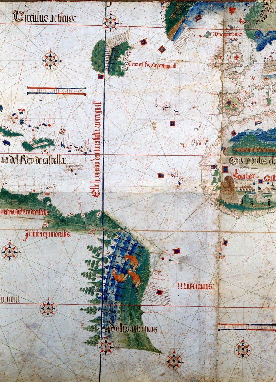 Cantino síkgömbje: Alberto Cantino térképe 1502-ből, amely a Tordesillas-i Szerződés (1494) által a portugál és a spanyol Amerika között meghatározott határvonalat ábrázolja. Biblioteca Estense. Modena alkotó: Unknown artist