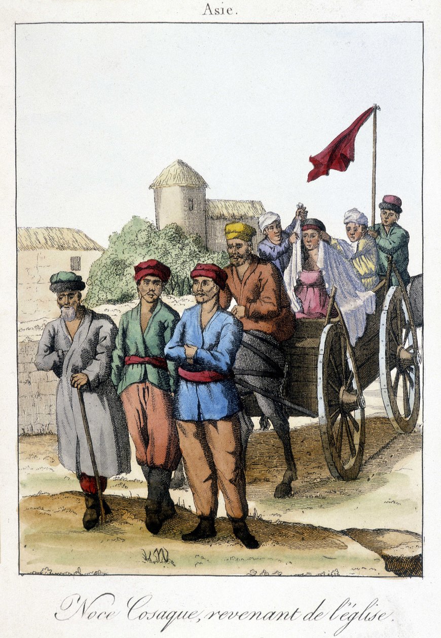 1811-ből származó tábla, amely egy esküvő után a templomból hazatérő kozákcsoportot ábrázol. alkotó: Unknown artist