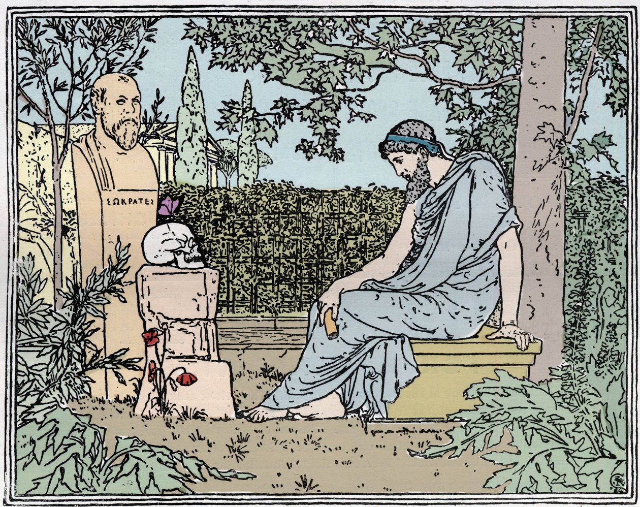 Platón a halhatatlanságról meditált Szókratész, a pillangó, a koponya és a mák előtt Kr.e. 400-ban - Platón a halhatatlanságon meditált Szókratész előtt, egy pillangón, egy koponyán és egy mák előtt Kr.e. 400.-i metszet a 19. századról alkotó: Unknown artist