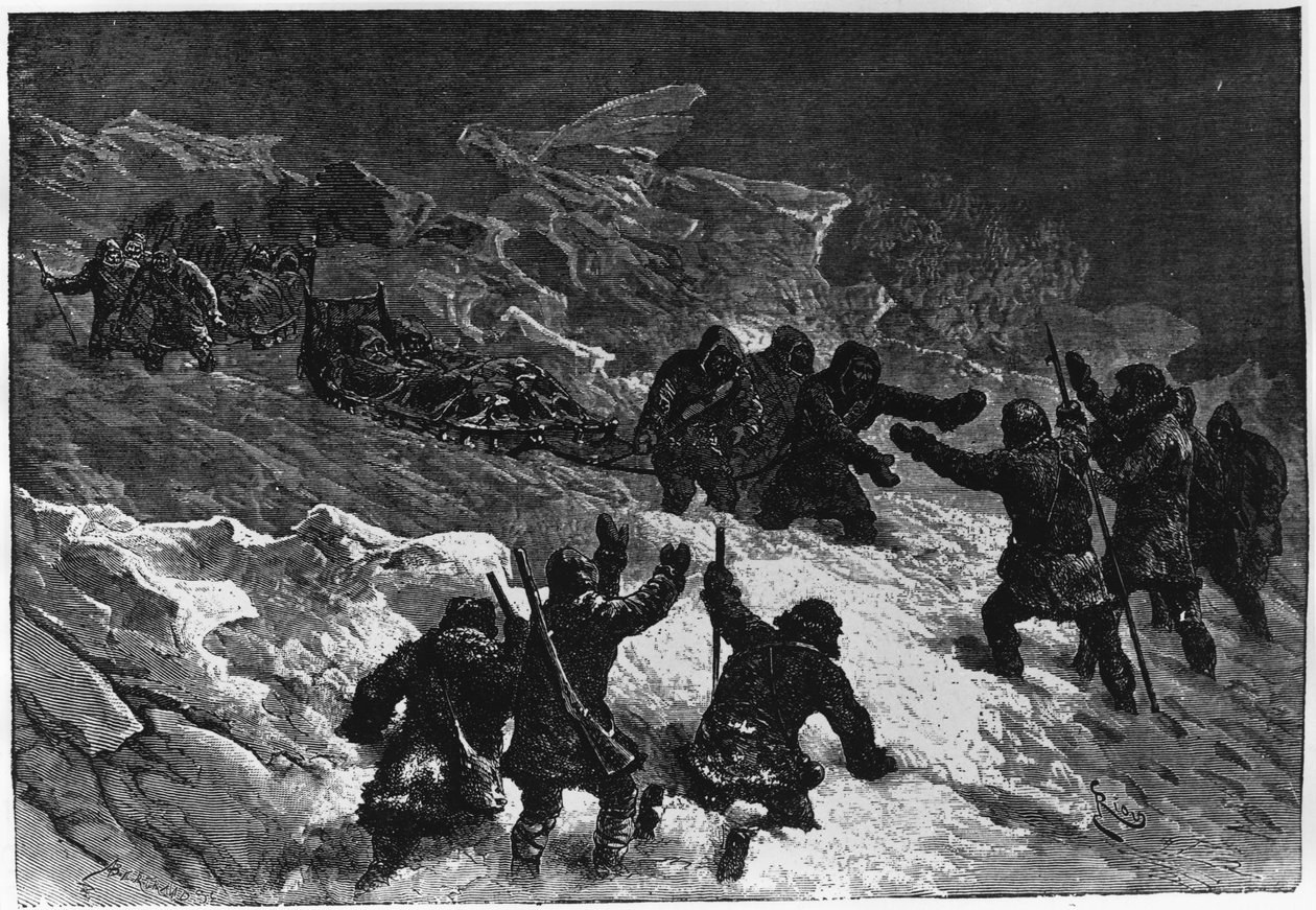 Északi-sark: A Markham-szánkók találkozása - Nares Georges S., Utazás a Sarki-tengerre, Párizs: Hachette alkotó: Unknown artist