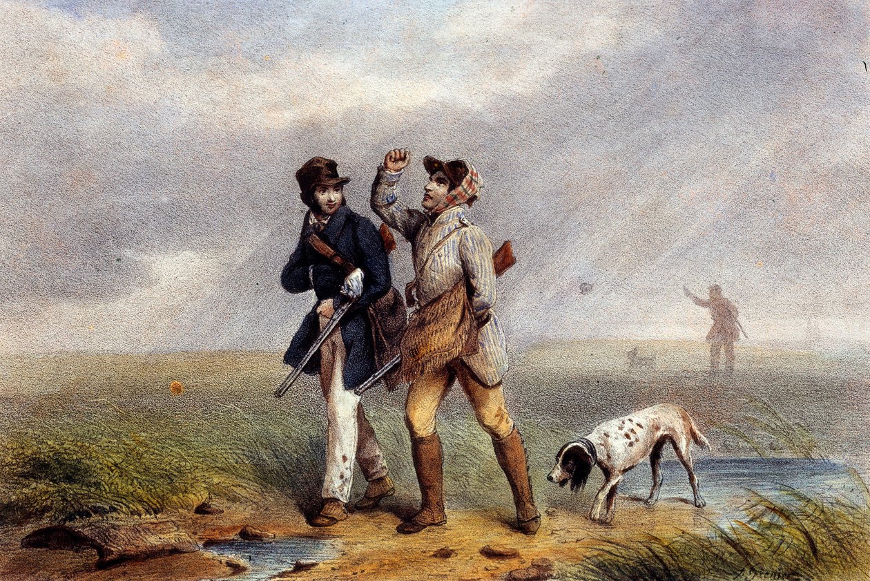 Kellemes vadászvad két vadász beszélget. századi Gien litográfiája, vadászati múzeum alkotó: Unknown artist