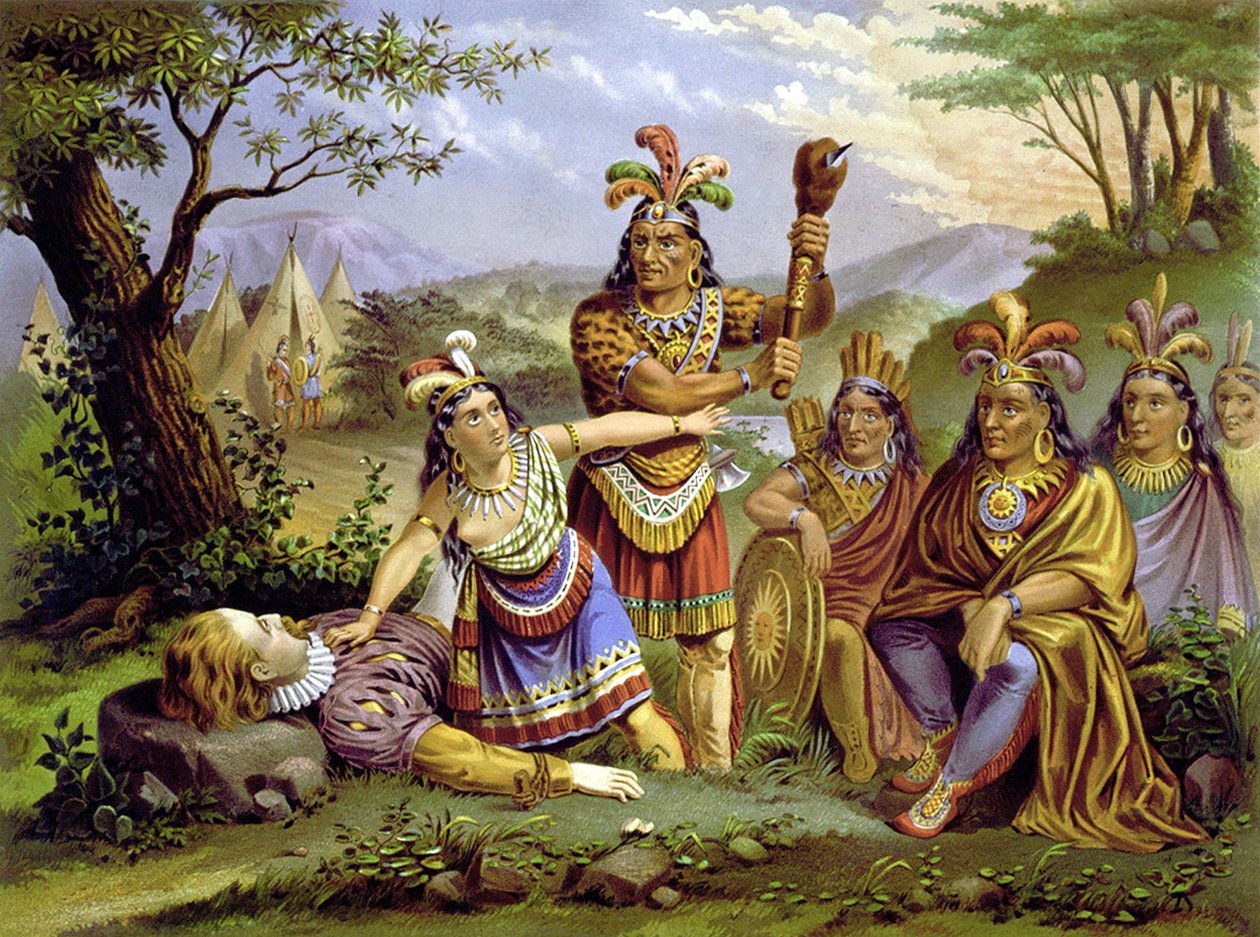 Pocahontas megmentette John Smith kapitányt. Kromolitográfia 1870 körül. alkotó: Unknown artist