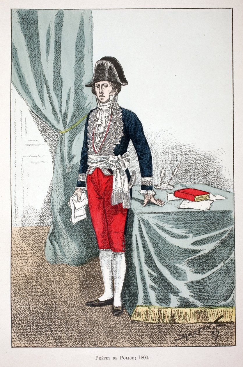 Rendőrprefektus (1800). Színes rézkarc, illusztrációként „” A békefenntartók hadtestének története”” című könyv Louis Lepine (1846-1933) Szajna-menti rendészeti prefektus gondozásában jelent meg Alfred Rey (1864-?) és Louis Feron (1862) gondozásában. -?),  alkotó: Unknown artist