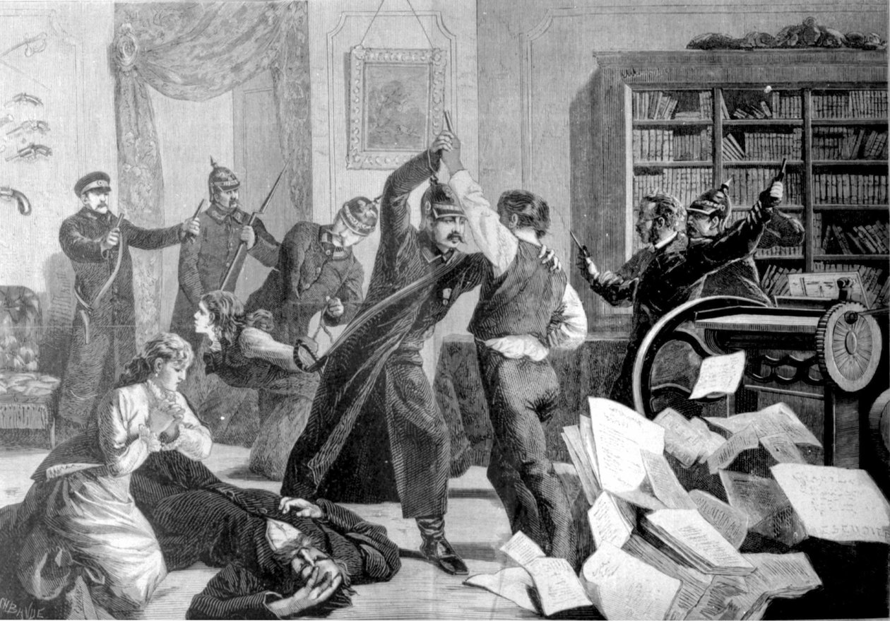 A rendőrség betört egy házba a Sapernaya utcában (Szentpétervár), ahol a „The National Will” című nihilista újságot titkoltan nyomtatják. alkotó: Unknown artist