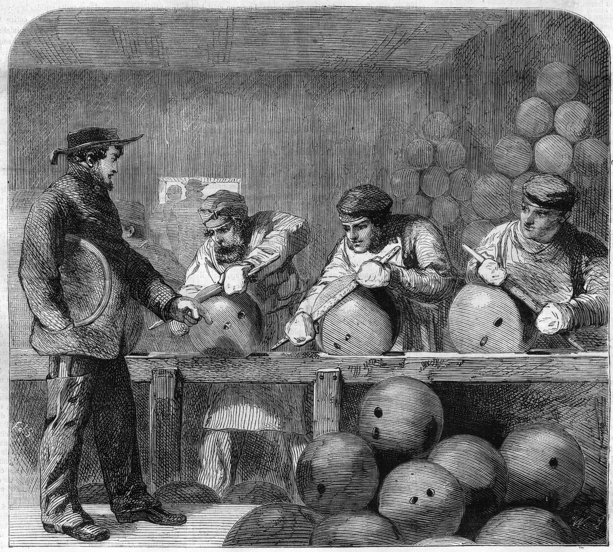 A Woolwich Arsenalban található bombaöntöde polírozó műhelye, London külvárosában, Angliában. Metszet a "" The Illustrious Universe" -ba alkotó: Unknown artist