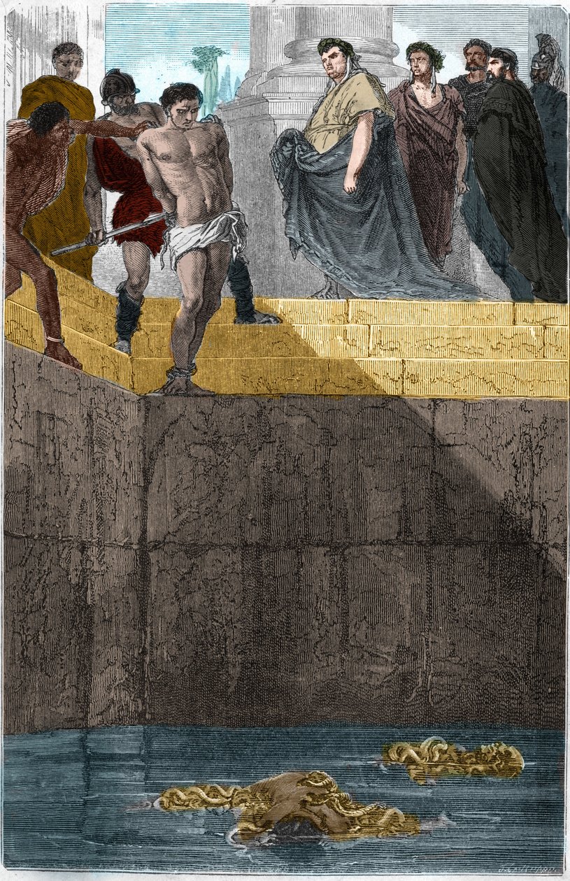Pollion Vedius, római gasztronómus, híres a rabszolgáival szembeni kegyetlenségéről. Hogy elkapja őket, élve odadobta őket murenesei közé. Egy nap Augustus (Caius Octavius Thurinus) az otthonában evett, ezért rabszolgacsapadékot készített, mert eltört egy  alkotó: Unknown artist