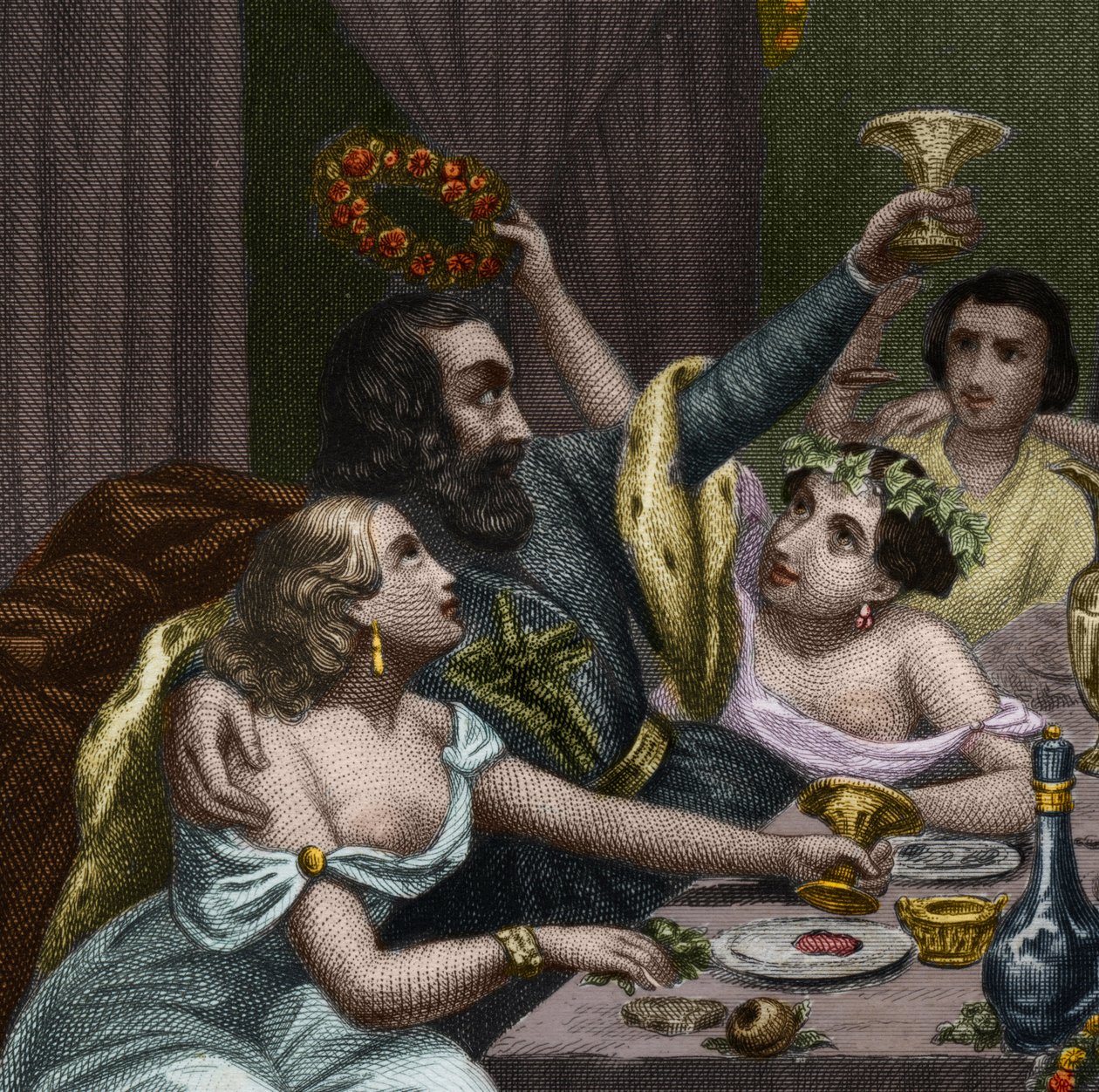 VI. Sándor pápa (1431-1503) (Alessandro, Rodrigo Borgia) Rodrigue Borgia lánya, Lucrece Borgia (Lucrezia) házasságkötését ünnepli 50 udvarhölggyel a Vatikánban. Metszet 1842-ből a „Histoire des Popes: bűnök, gyilkosságok, mérgezések, parrici” c. alkotó: Unknown artist