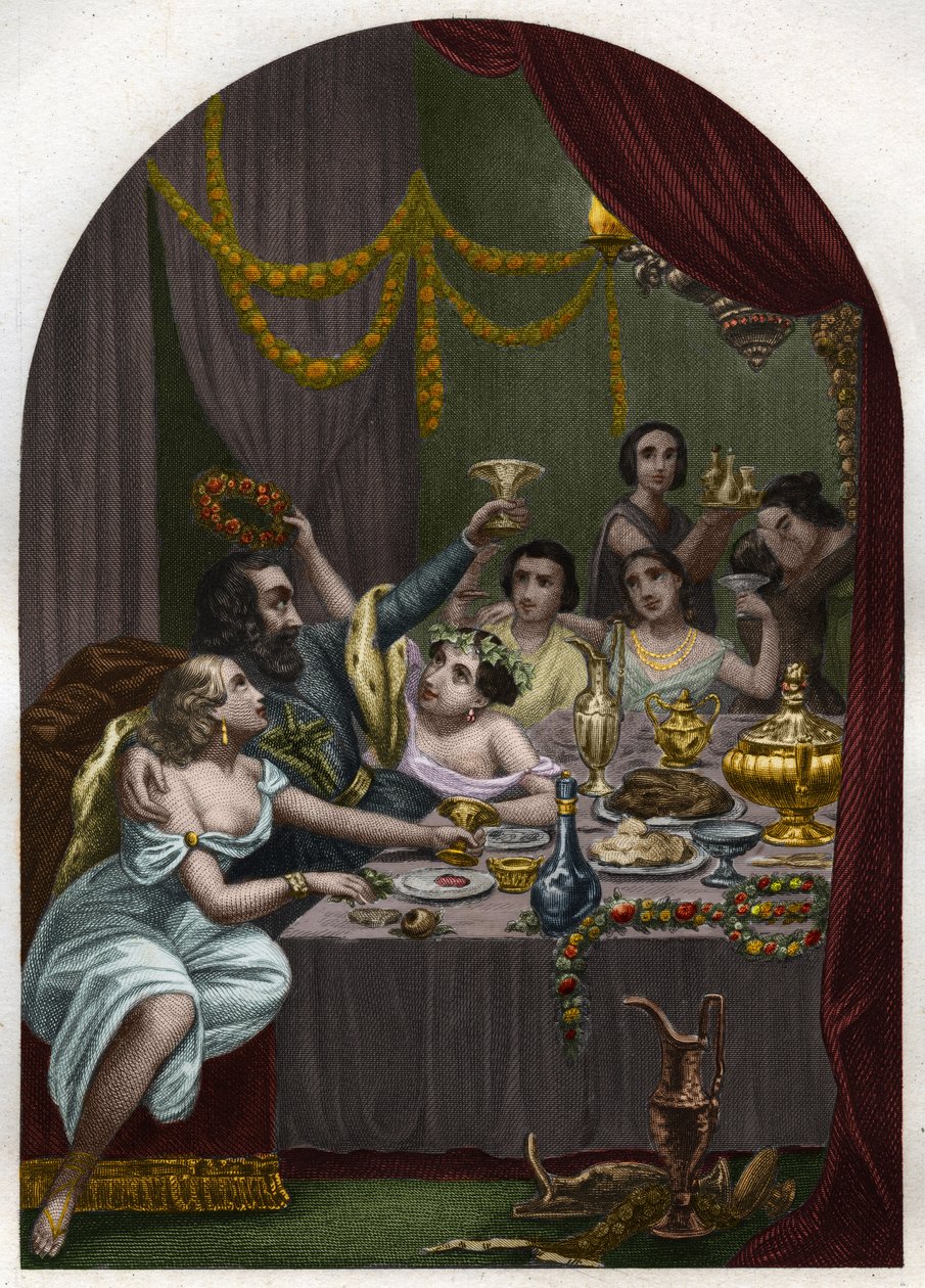 VI. Sándor pápa (1431-1503) (Alessandro, Rodrigo Borgia) Rodrigue Borgia lánya, Lucrece Borgia (Lucrezia) házasságkötését ünnepli 50 udvarhölggyel a Vatikánban. Metszet 1842-ből a „Histoire des Popes: bűnök, gyilkosságok, mérgezések, parrici” c. alkotó: Unknown artist