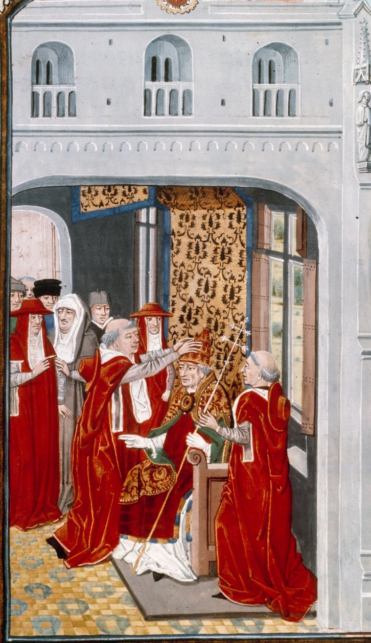 XI. Gergely pápa (1329-1378) 1370-ben szentelte fel Avignont. Miniatűr a krónikákból”” Jean Froissart (1337-1400) 15. századi Párizs. B.N. alkotó: Unknown artist