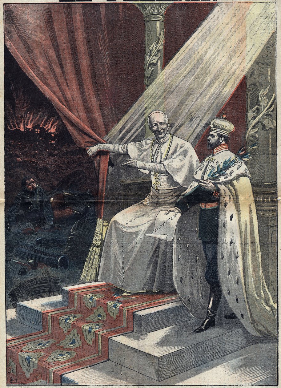XIII. Leon pápa (1810-1903) II. Miklós orosz cárnak (1868-1918) mutatja be a háború borzalmait. Utóbbi ezután lefegyverzést javasol. Illusztráció a szeptember 11-i „” Le Pelerin”-ben alkotó: Unknown artist