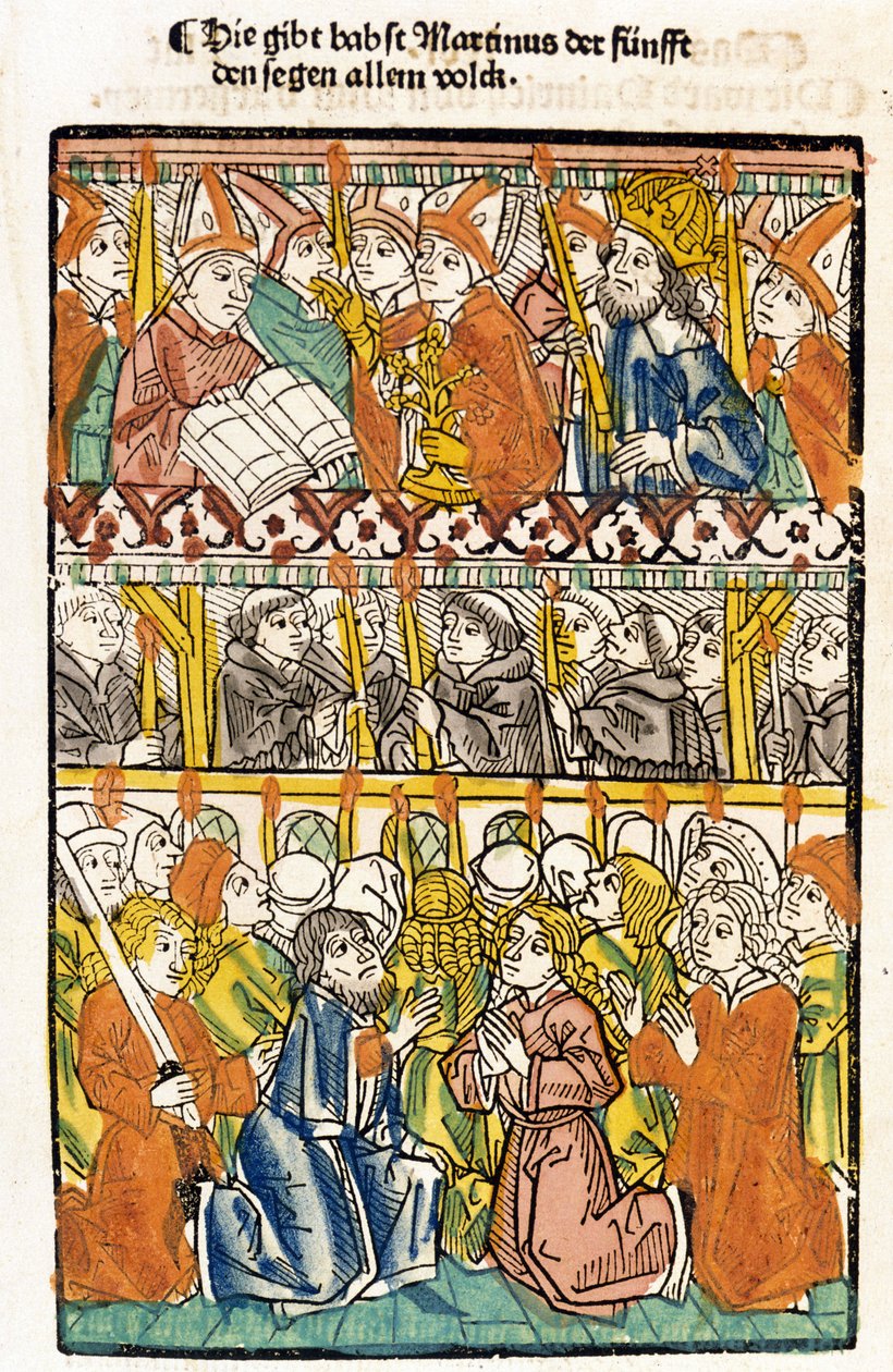 V. Márton pápa (1368-1431), akit a konstanzi zsinaton (1417) választottak meg a nagy nyugati egyházszakadás megszüntetésével, teljesíti az áldást. „Das concilium” alkotó: Unknown artist