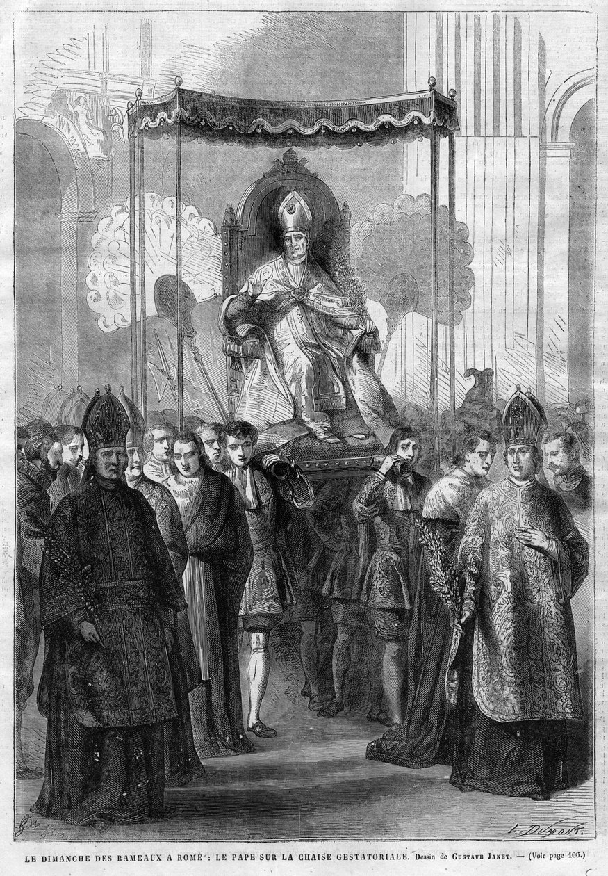 IX. Pius pápa (1835-1914) a sedia gestatorián - Virágvasárnap Rómában: IX. Pius pápa (Pius Pio 9) a terhességi széken - Gustave Janet rajza - Az 1868-as szemléltető napló alkotó: Unknown artist