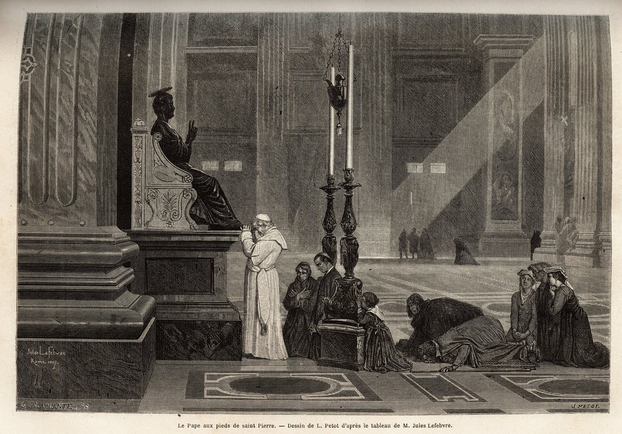 Pius pápa (pio 9) (1792-1878) a Vatikánban, a Szent Péter-szobor lábánál, a Bazilika bejáratánál gyűjtött. Metszet a római történet illusztrálására, Francis Wey 1864-1868-ban, megjelent a "" le tour du monde"-ban, szerkesztette D