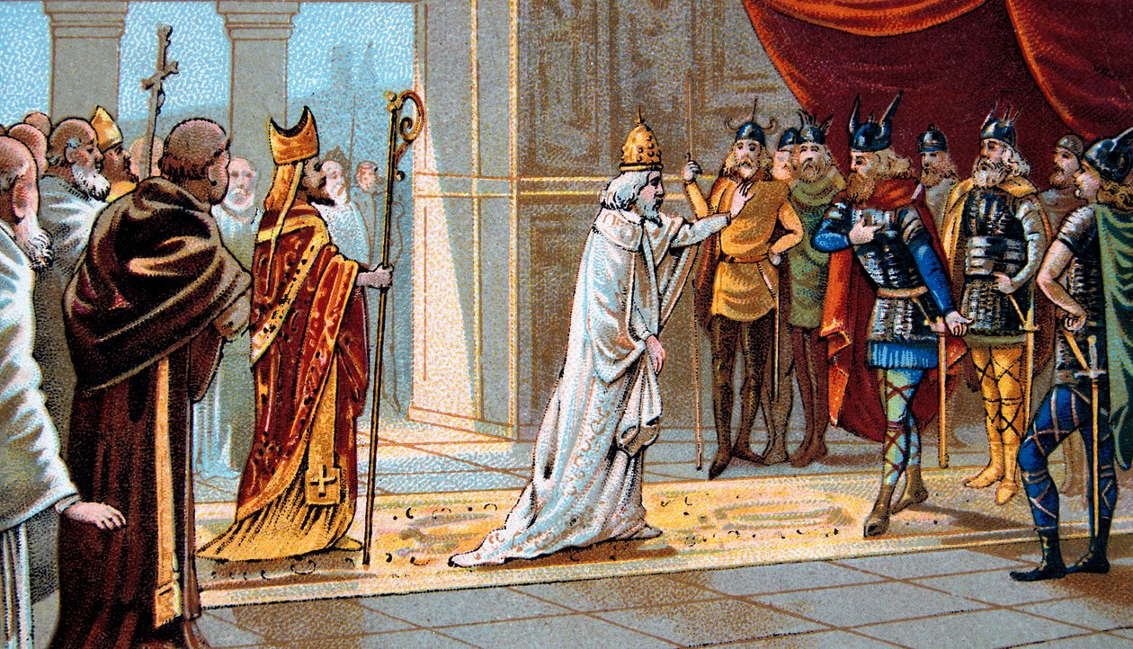 István (Stephanus) 754-ben a Ponthion-palotában kéri Pepin Brief segítségét a langobardok ellen – II. (III.) István pápa a langobardok elleni segítségét kéri Kis Pepintől 754-ben alkotó: Unknown artist