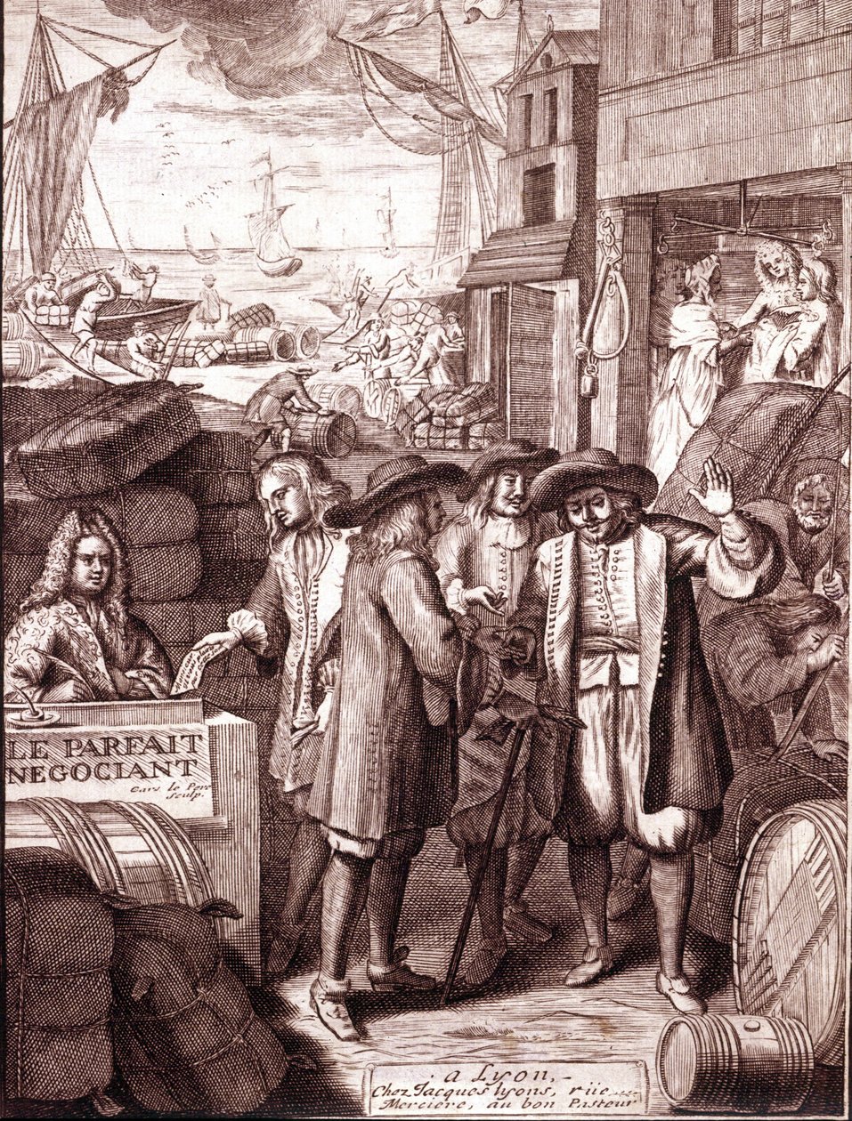 Kikötői kereskedők beszélgetnek egymással. 19. századi metszet. alkotó: Unknown artist