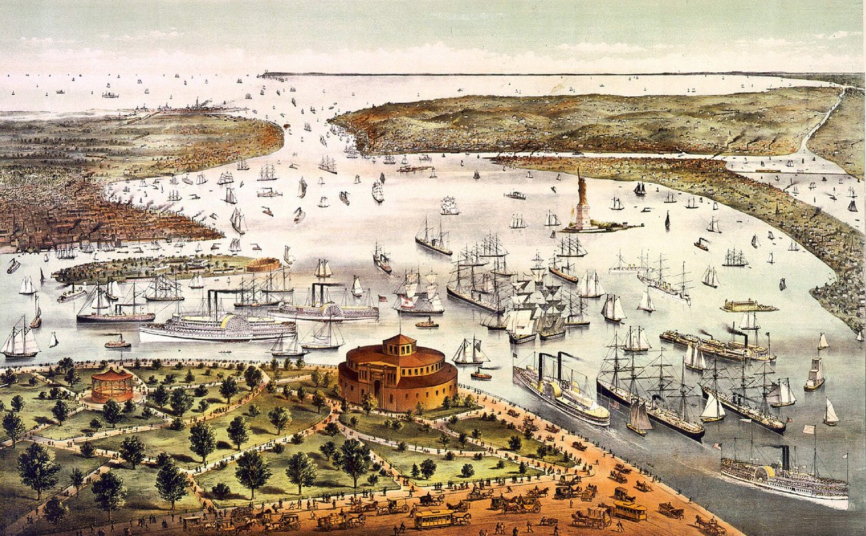 New York-i kikötő; légi kilátás. Metszet 1892. v. alkotó: Unknown artist