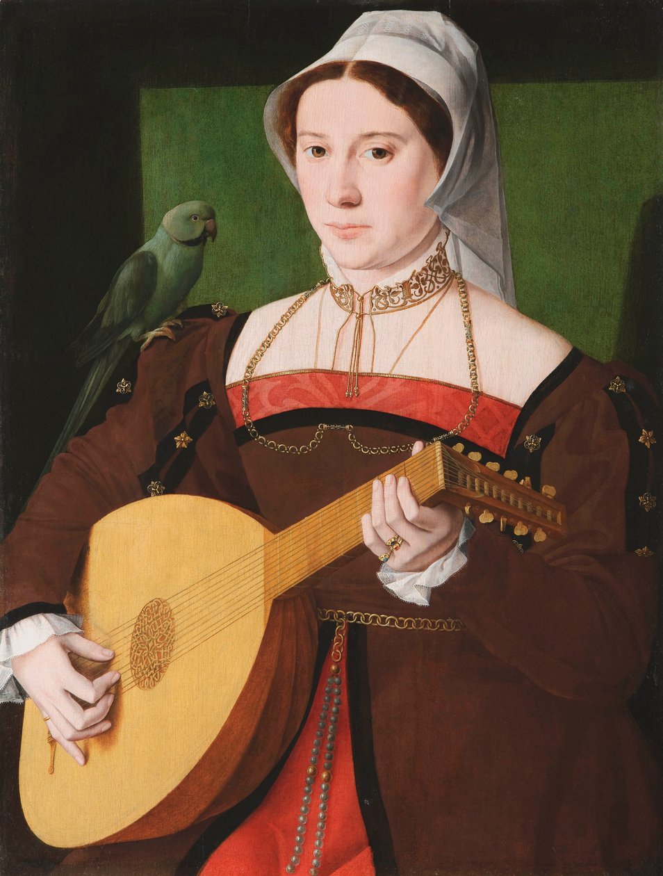 "Lánton játszó nő portréja, vállán papagájjal" Névtelen festmény 1540 körül Olaj, fa, 70x55 - Fondation Custodia alkotó: Unknown artist