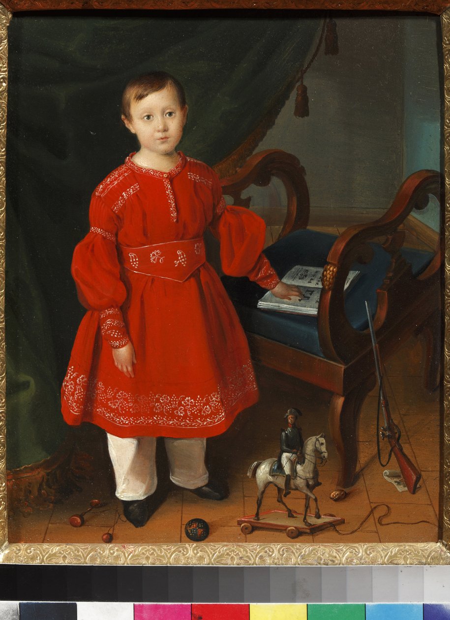 ""Piros ruhás fiú portréja játékai és ábécéskönyve között pózol"" (Piros ruhás fiú portréja játékokkal és ábécéskönyvvel) Névtelen festmény 1840 körül Művészeti és pedagógiai játékmúzeum, Sergiyev Posad alkotó: Unknown artist
