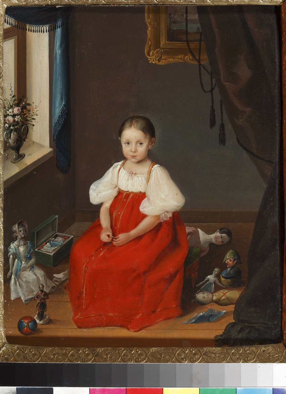 ""Egy piros ruhás kislány portréja, aki játékai között pózol"" (Piros szarafános lány portréja játékokkal) Névtelen festmény 1840 körül Művészeti és pedagógiai játékmúzeum, Sergiyev Posad alkotó: Unknown artist