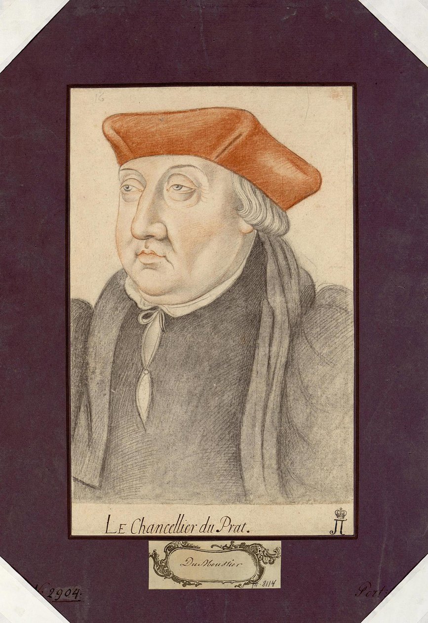 Antoine Duprat (1463-1535), névtelen portréja. Fekete kréta és szangvinikus papíron, méret: 30,2x19,1, 16. század első fele, Állami Ermitázs, Szentpétervár alkotó: Unknown artist