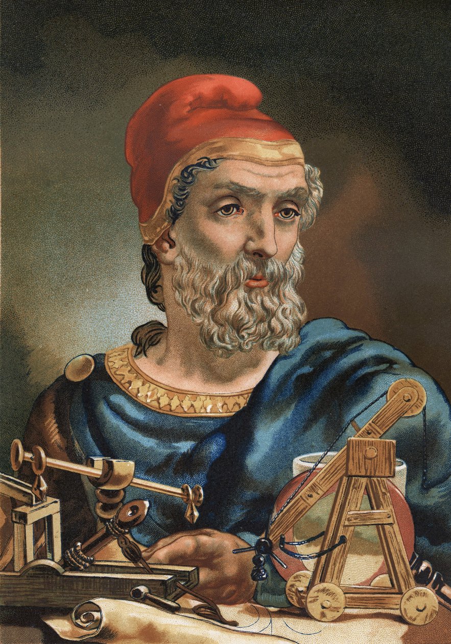 Arkhimédész portréja görögül Arkhimêdês matematikus és görög fizikus (Syracuse, i.e. 287-től id, ie 212-ig). Louis Figuier „La Ciencia y sus Hombres” című műve után. Barcelona 1881. alkotó: Unknown artist