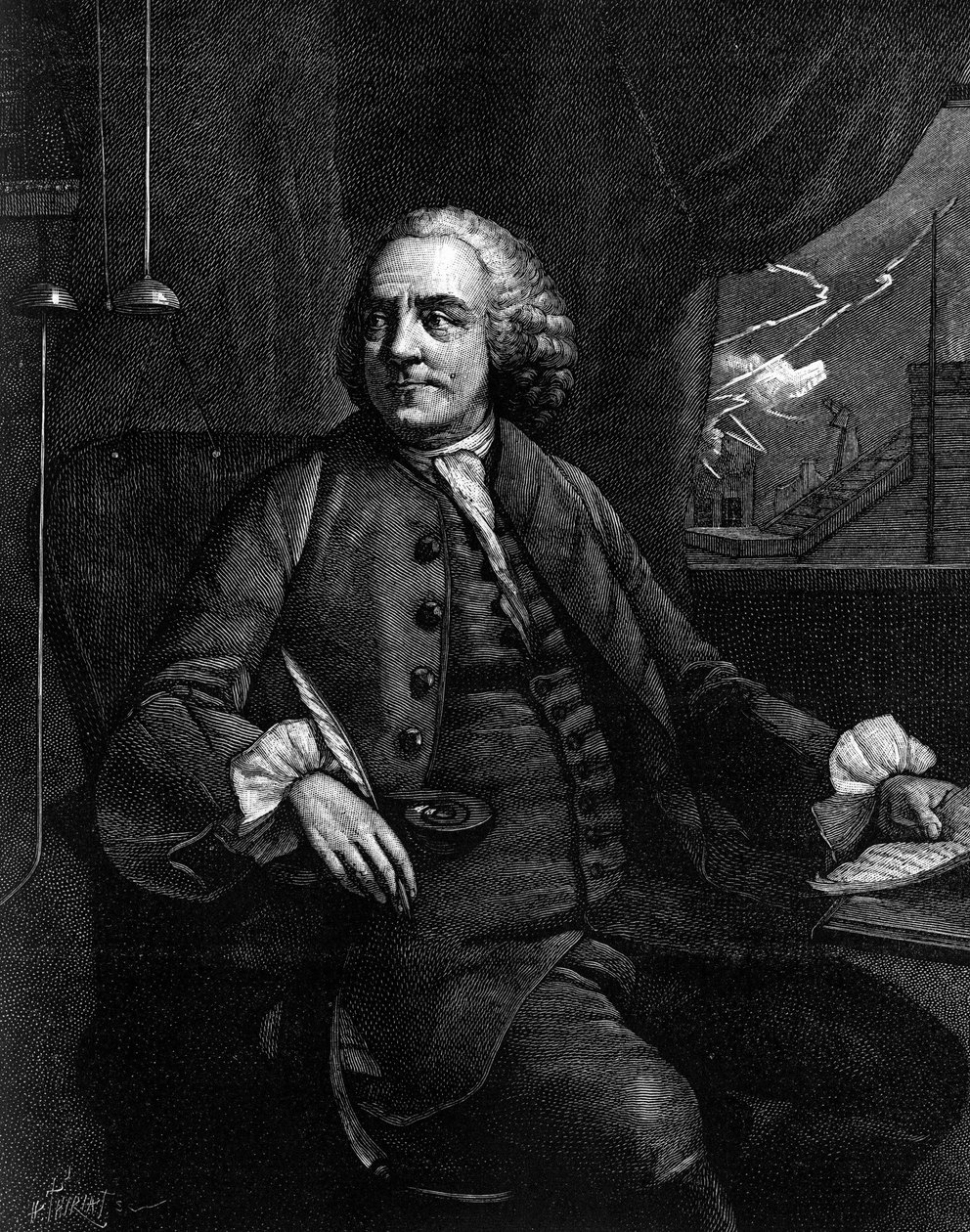 Benjamin Franklin (1706-1790) amerikai filozófus, fizikus és nagykövet portréja. (Egy régi metszetből). Metszet a „természetbe: áttekintés a tudományokról és alkalmazásukról a művészetben és az iparban” március 31. alkotó: Unknown artist