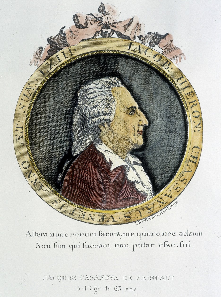 Casanova portréja (1725 - 1798) - portré az előlapon, a „Velencei Köztársaság börtöneiből való szökésem története” című kötetben, amelyet Duxnak írtam Csehországba alkotó: Unknown artist