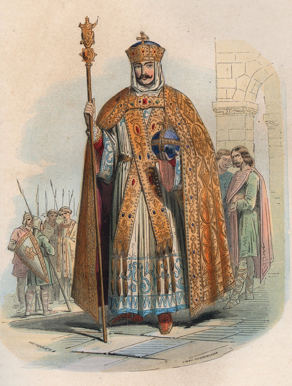 Nagy Károly (742-814), francia király portréja. Metszet 1868-ból Theodore Juste (1818-1888) „Histoire de Belgique from primitive times to the end of the regne I. Lipót” című művében. Magángyűjtemény. alkotó: Unknown artist