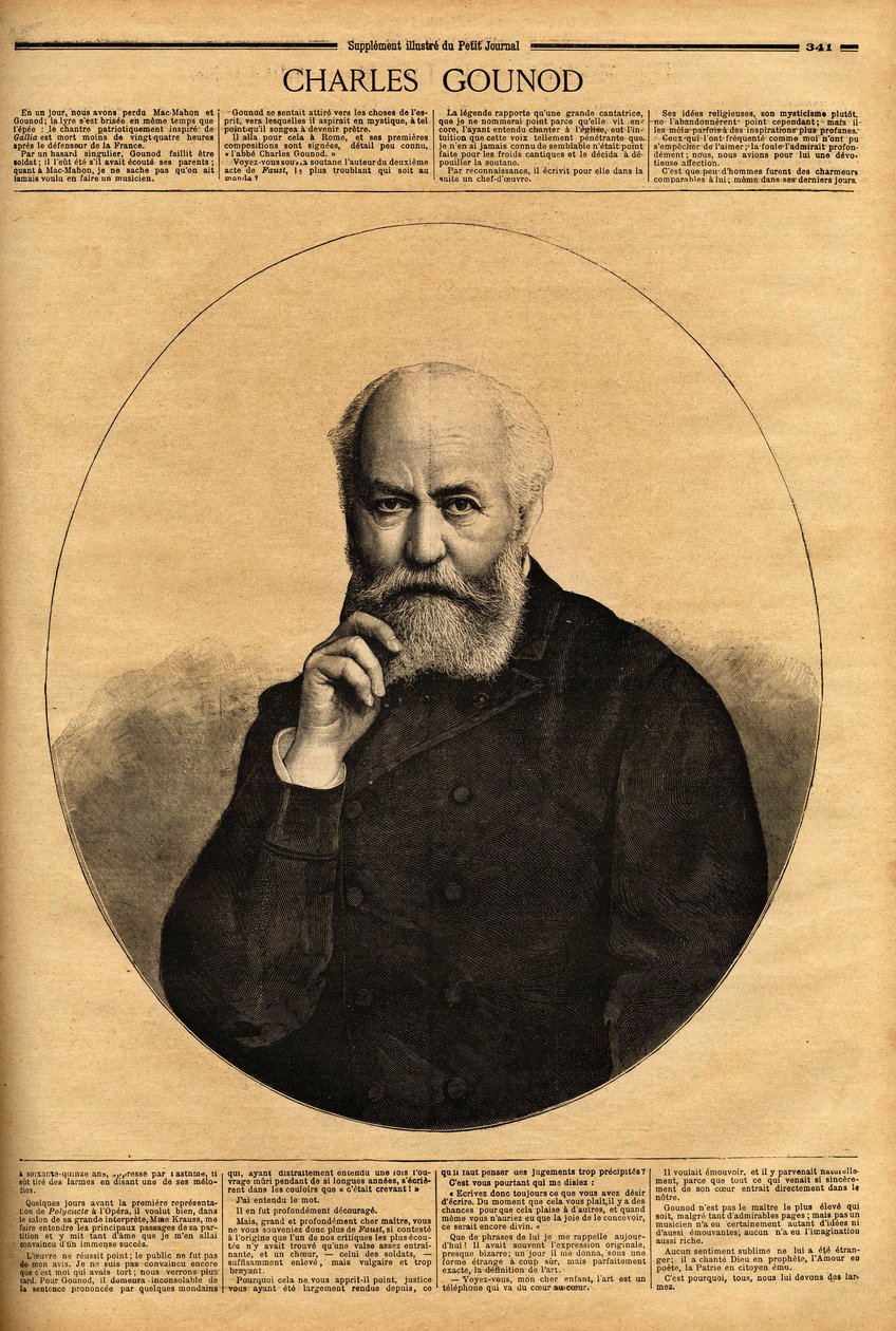 Az operáiról híres francia zeneszerző, Charles Gounod (1818-1893) portréja (Faust 1859-ben, Rómeó és Júlia 1867-ben), emellett szimfóniákat és számos dallamot komponált Alfred de Musset (1810-1857) verseihez, ill. Victor Hugo (1802-1885). Engr alkotó: Unknown artist