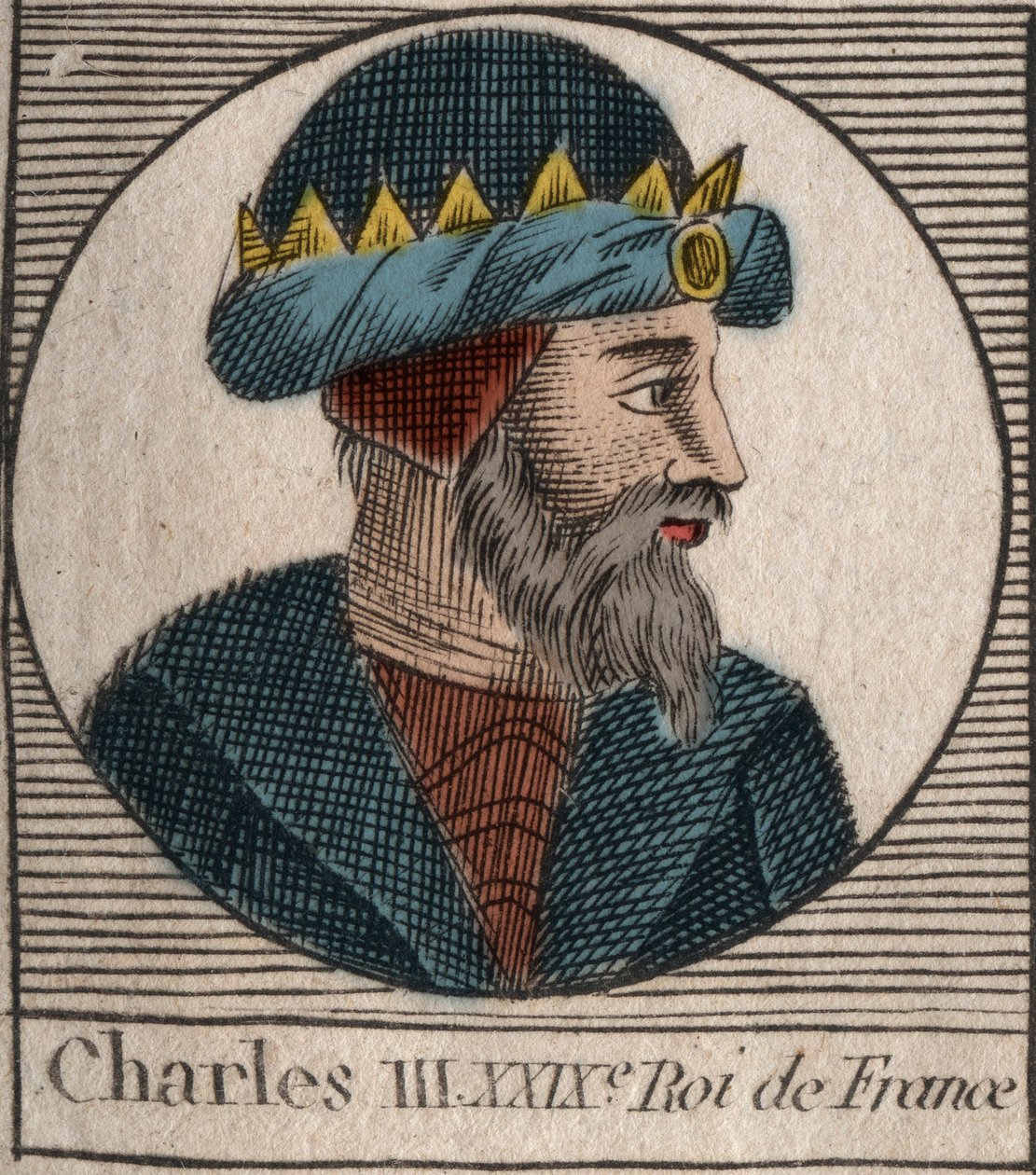 III. Károly portréja a frankok egyszerű (879-929) királyát írja - III. KÁROLY (879-929) - Egyszerű Károly - Franciaország királya, 893-923 - metszet Charles „Instruction sur l
