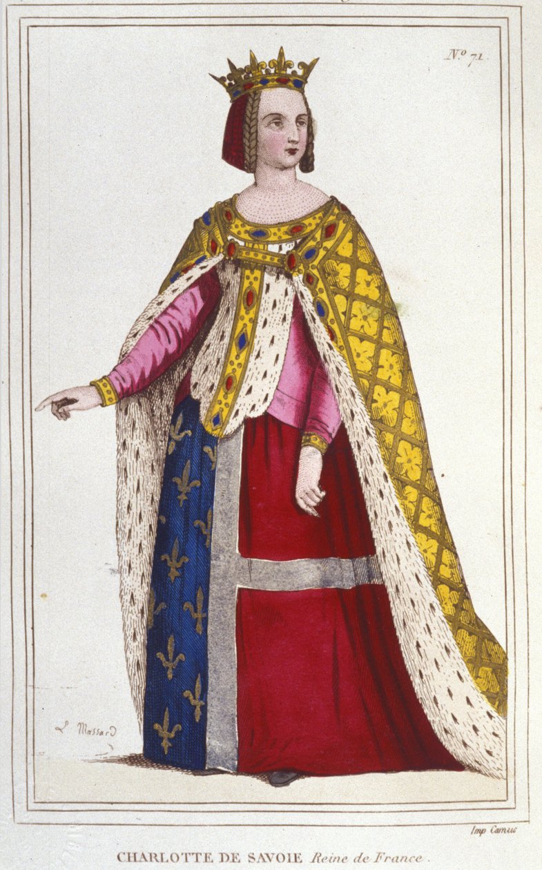 Charlotte de Savoy 1445-1483 portréja, Franciaország királynője 1461-től 1483-ig XI. Lajos (Le Prudent) menyasszonya 1451-ben készült, 1830-as metszeten alkotó: Unknown artist