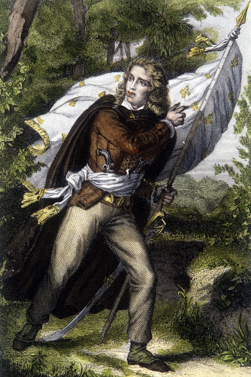 Chouan Jacques Cathelineau séf (1759-1793) portréja, aki liliomvirágú zászlót hordoz alkotó: Unknown artist