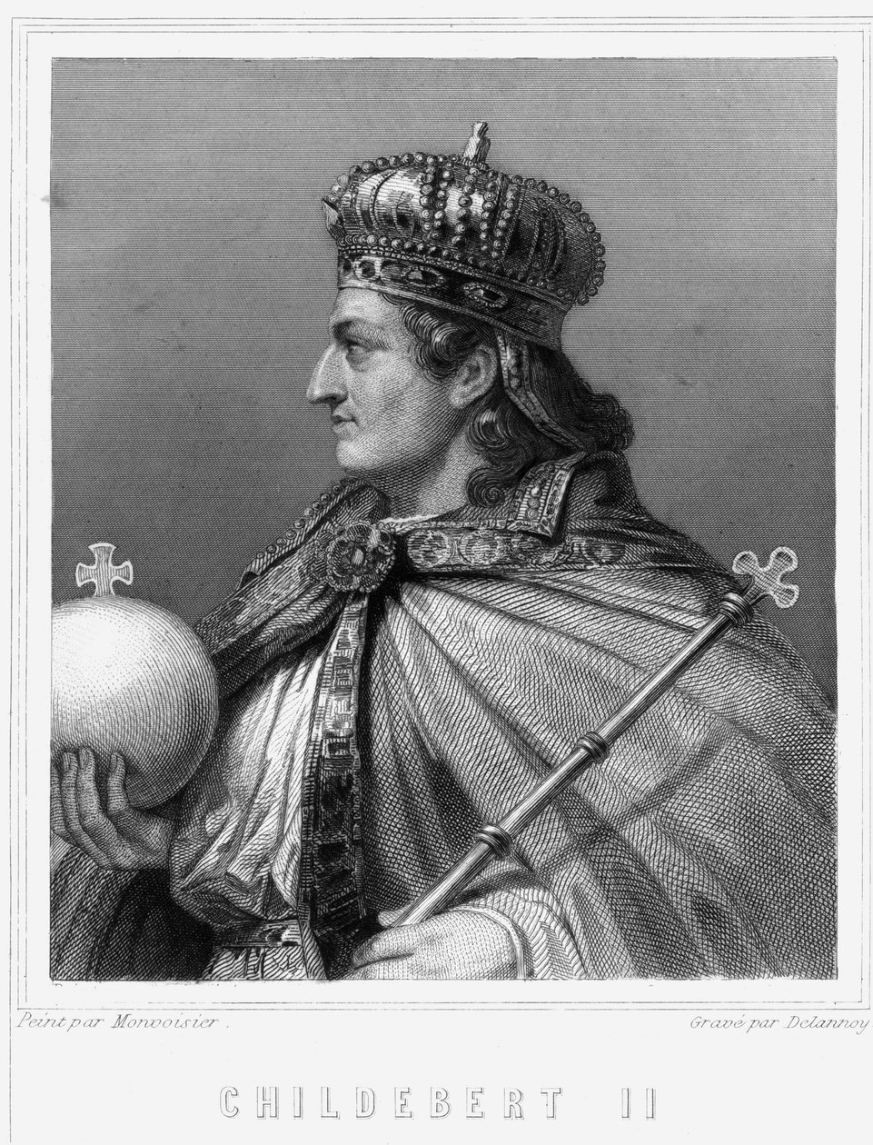 II. Childebert (570 - 596. sz.), Ausztrália királyának portréja - Lavallée „Histoire des Français”-jában, metszet, sd. alkotó: Unknown artist