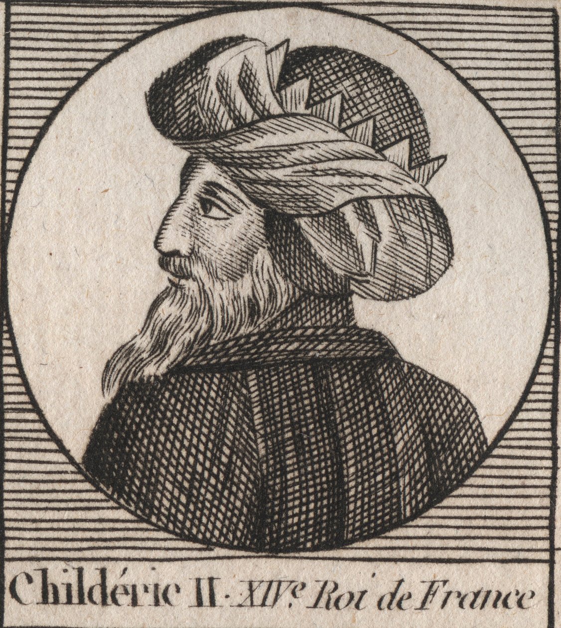II. Childeric, a frankok királyának portréja 670-től 673-ig - II. CHILDERIC 655-675, Franciaország és Ausztrália merovingjai - metszet a Charles Constant Le Tellier „Instruction sur l