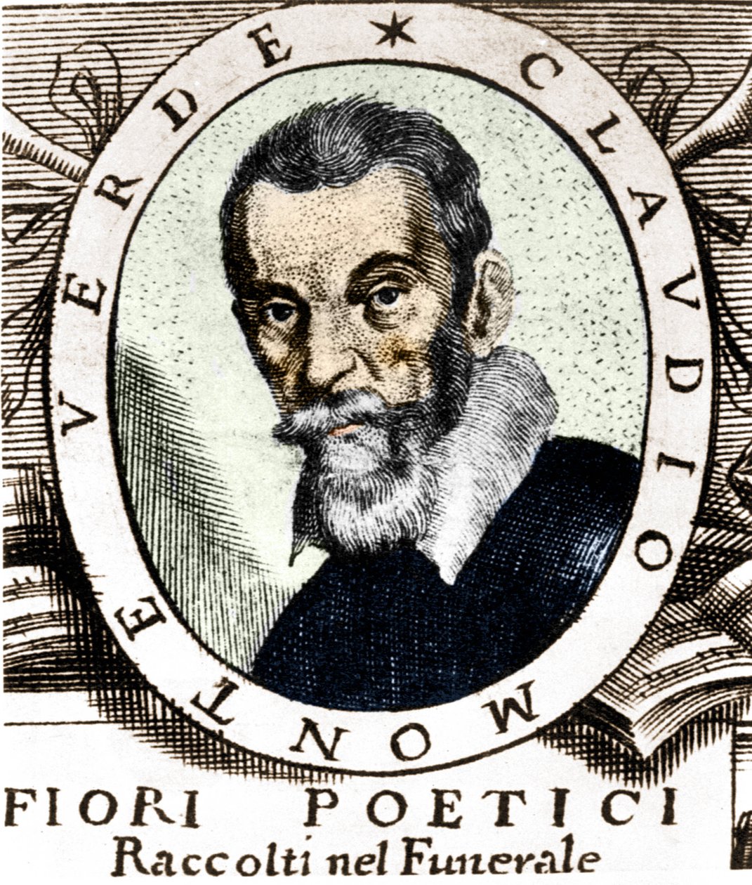 Claudio Monteverdi portréja az 1644-ben Velencében megjelent, a híres és rendkívül tiszteletre méltó Signor Claudio Monteverdi temetésén gyűjtött költői virágok előlapja után. alkotó: Unknown artist