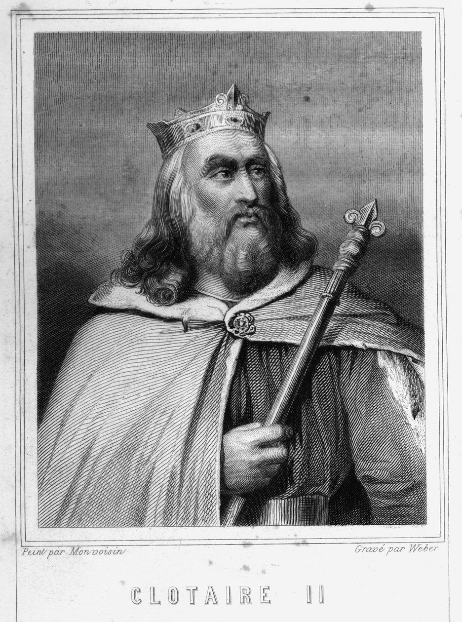 Clotaire (Clothaire) II (584 - 628), Neustria királyának és a frankok királyának portréja - Lavallée „Histoire des Français”-jában, metszet, sd. alkotó: Unknown artist