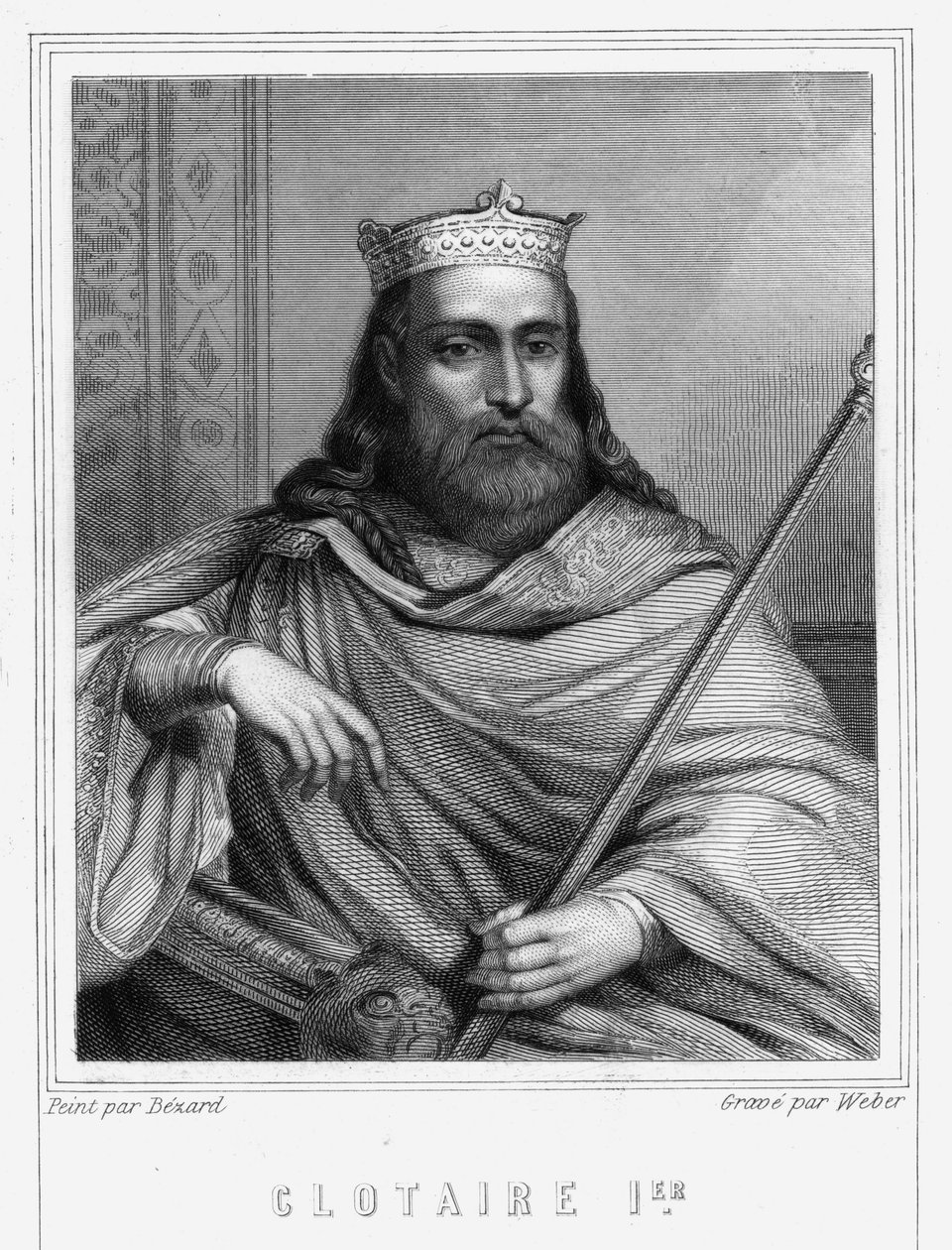 Clotaire (Clothaire) I (497 - 561), Neustria királyának és a frankok királyának portréja - Lavallée „Histoire des Français”-jában, metszet, sd. alkotó: Unknown artist