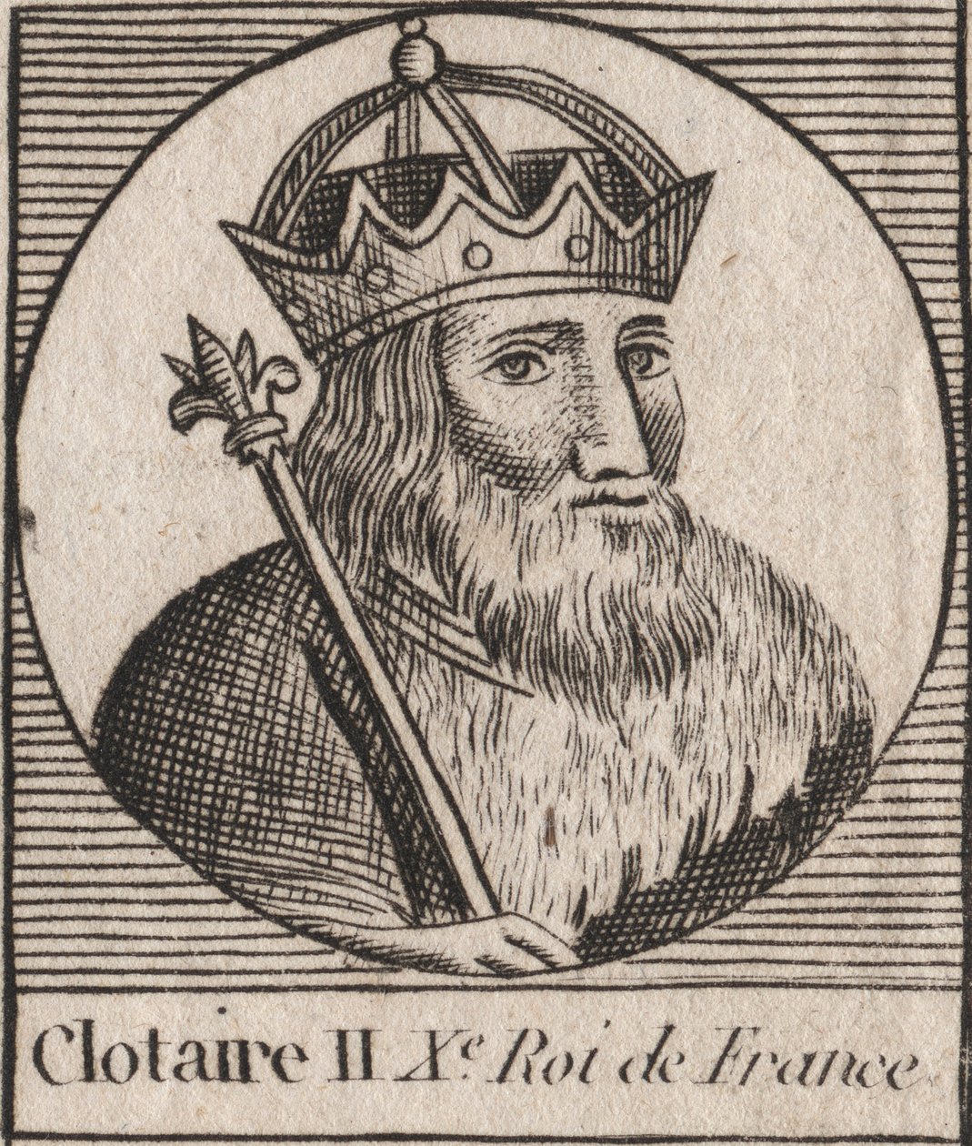 Clothaire II (584 - 628), Neustria királya és a frankok királya - Clotaire vagy Chlotar II († 629) frankok királyának portréja - metszet Charles Constant Le Tellier „Instruction sur l