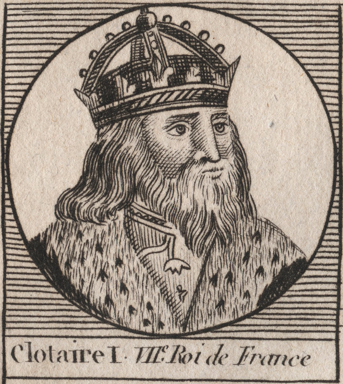 I. Clothaire (497-561), Neustria királya és a frankok királyának portréja - I. Clothar, a frankok királya - metszet az „Instruction sur l