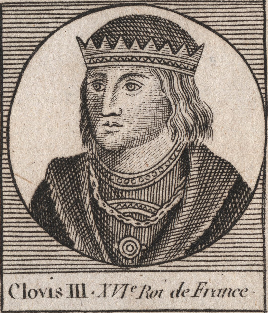 III. Klovisz, a frankok királyának portréja 691-től 695-ig – III. KLOVISZ Neustria és Ausztrália meroving királya – metszet az „Instruction sur l