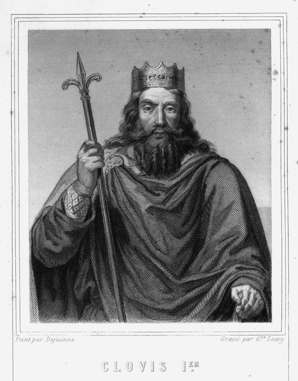 I. Clovis (466 - 511), a frankok királyának portréja - Lavallée „Histoire des Français”-jában, metszet, sd. alkotó: Unknown artist