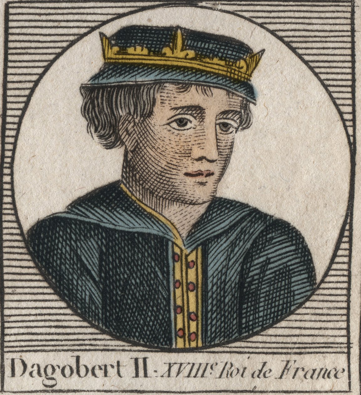 II. Dagobert, a frankok királyának 711–716 közötti portréja – II. Dagobert (676–679), Ausztrália királya – metszet Charles Constant Le Tellier „Instruction sur l
