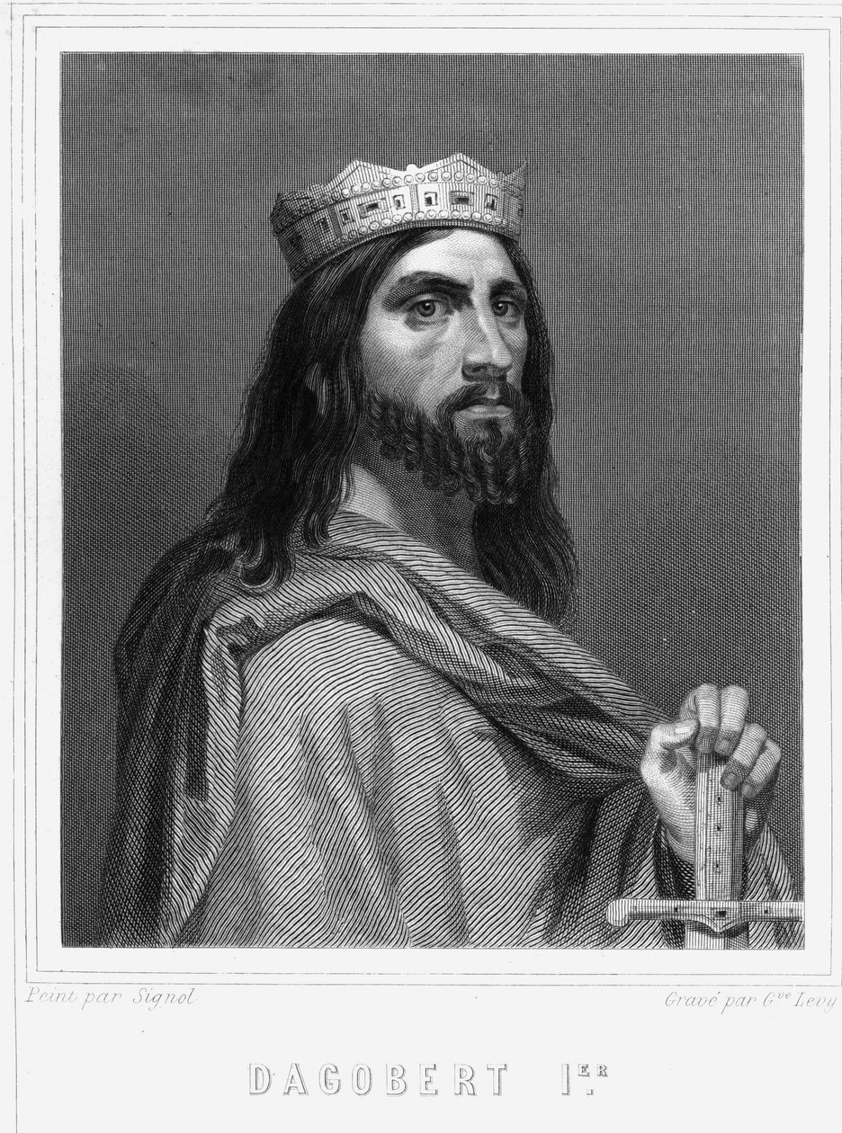 I. Dagobert (? -?) frankok királyának portréja – Lavallée „” Histoire des Français”-ban, metszet, sd. alkotó: Unknown artist