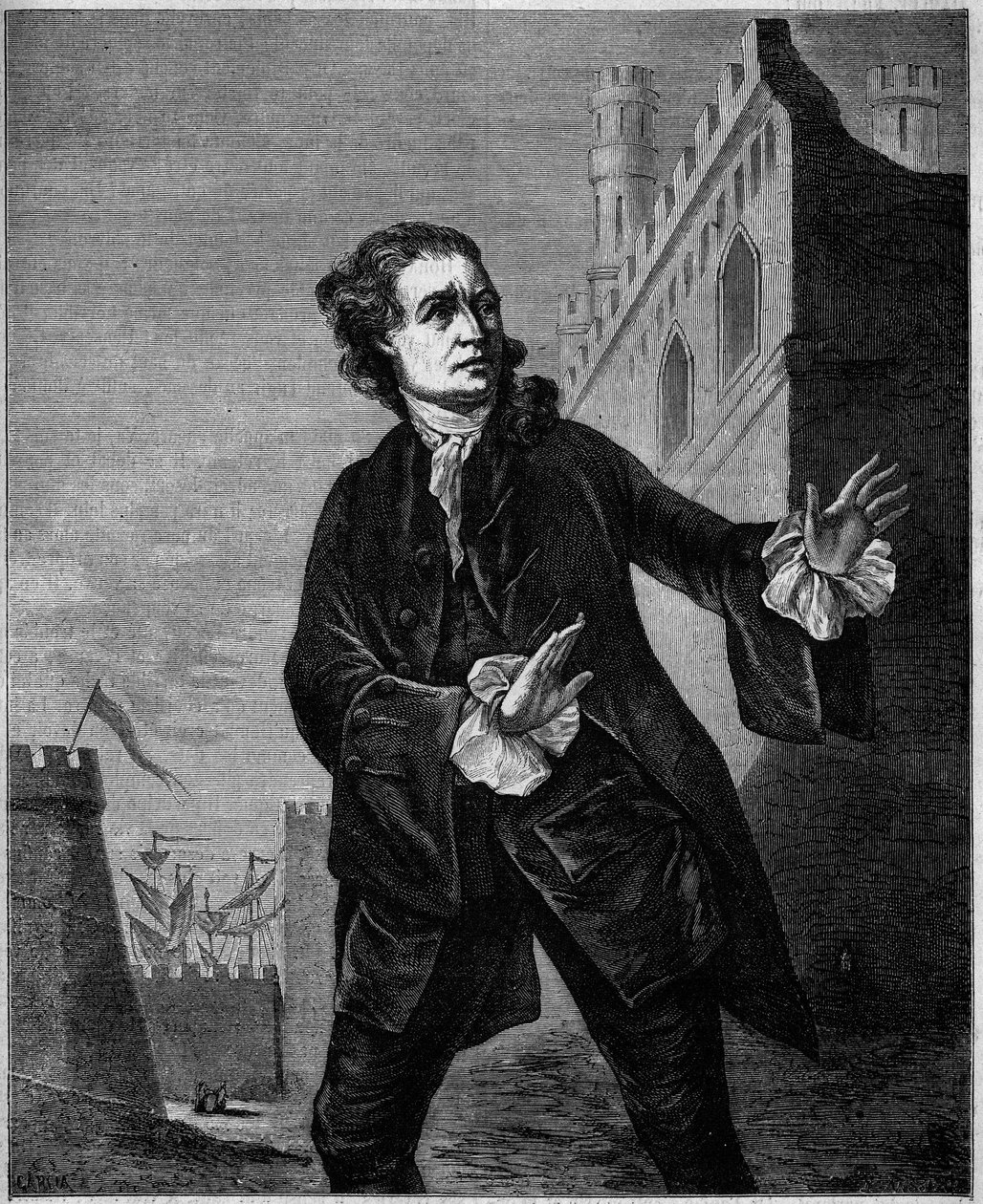 David Garrick (1717-1779) angol komikus portréja Shakespeare „Hamletjeként”. Wilson metszetei a „Le Magasin festői”-ben alkotó: Unknown artist
