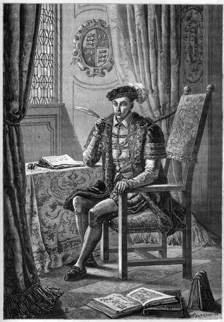 VI. Edward (1537-53) portréja – VI. Edward angol és ír király (1537-1553) portréja, aki naplóját írja – metszet a „L