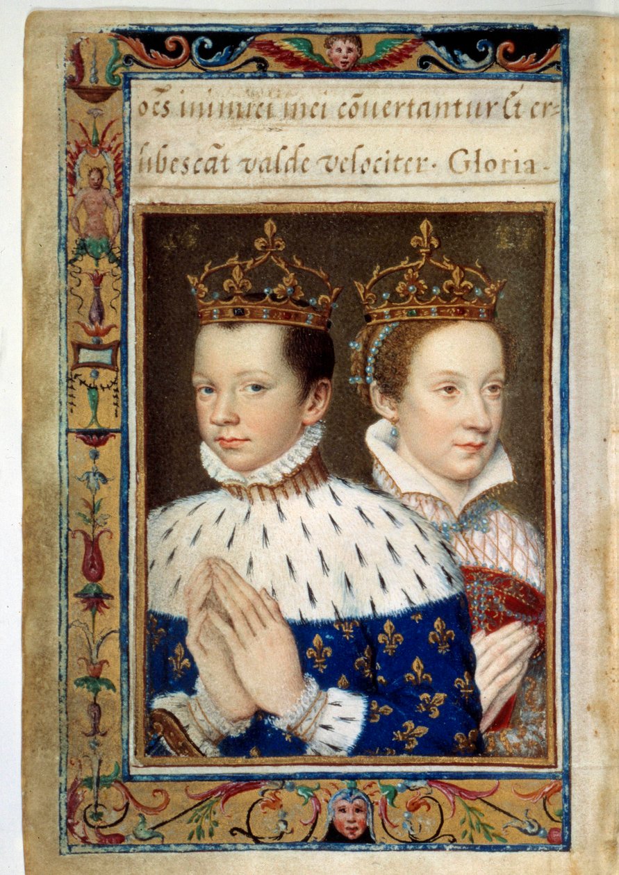 II. Francois (1544-1560) és Marie Stuart (1542-1587) francia király és királynő portréja „Catherine de Medicis óráinak könyve” (Caterina de Medici) 16. századi Párizs, B.N. alkotó: Unknown artist