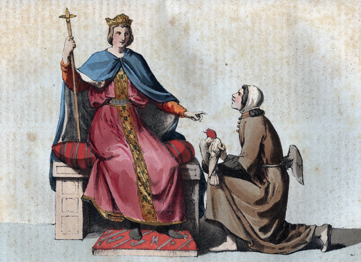 II. Frigyes portréja, Hohenstaufen Szent-római császár solymászával – II. Frigyes portréja, Hohenstaufen (1194-1250), a Szent Római Birodalom királya solymászával – metszet az „Usi e Costumi di Tutti i i Popoli dell